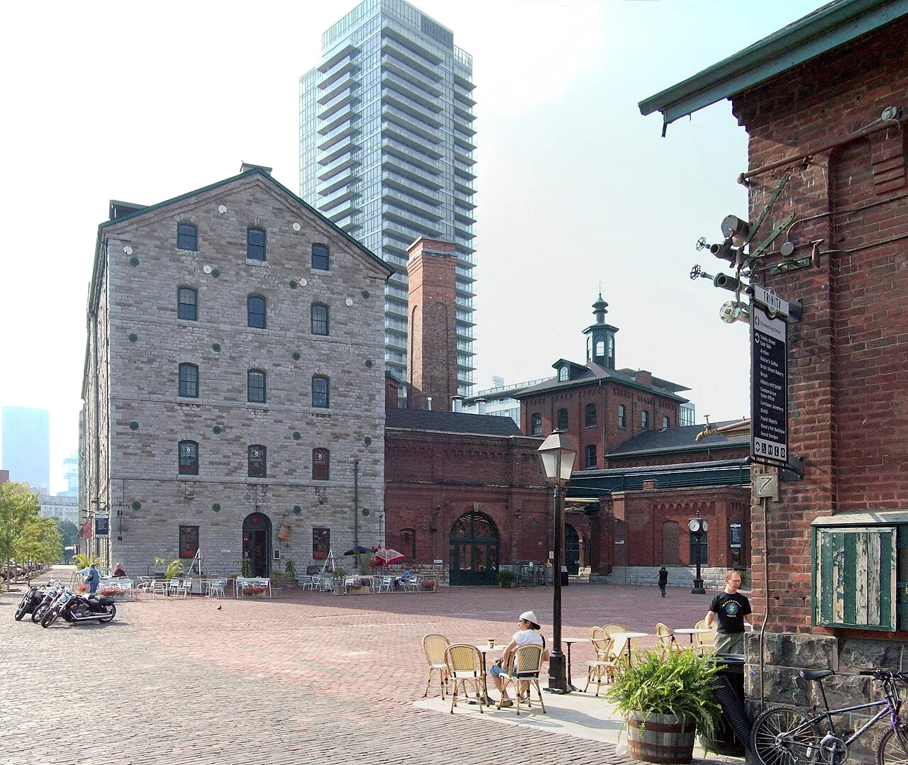 Historic buildings around a courtyard in Toronto’s Distillery District.