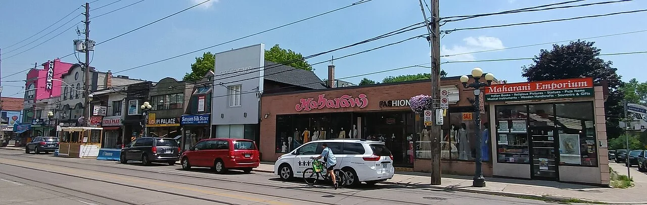 Clothing and gift shops along Gerrard Street East in Toronto’s Little India