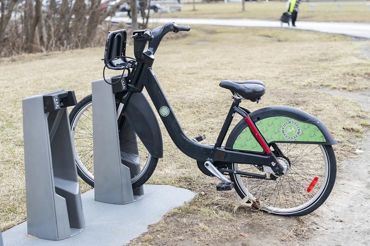 A classic Bike Share Toronto bicycle secured in a docking point