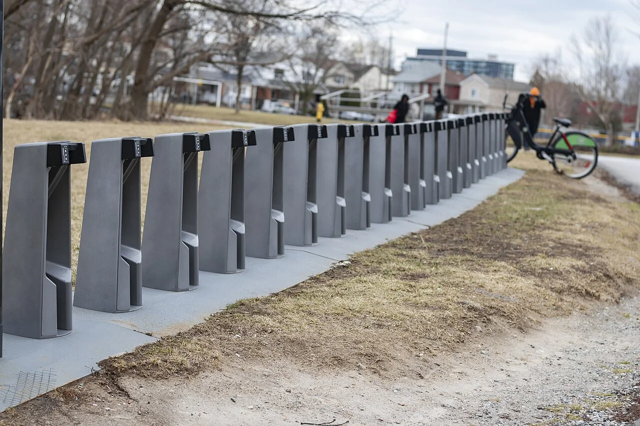 A row of available Bike Share Toronto docking points at Dentonia Park