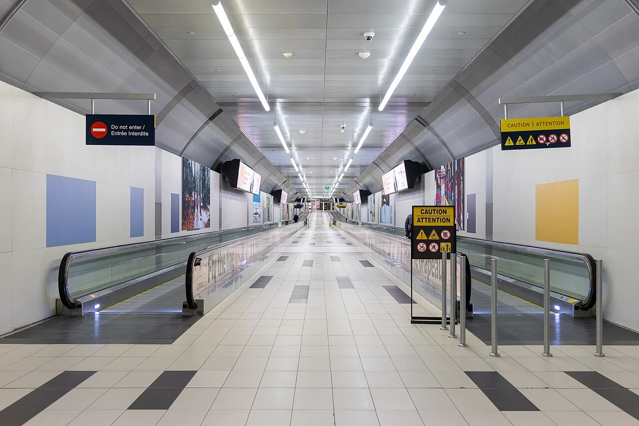 Moving walkways inside Billy Bishop Airport’s pedestrian tunnel