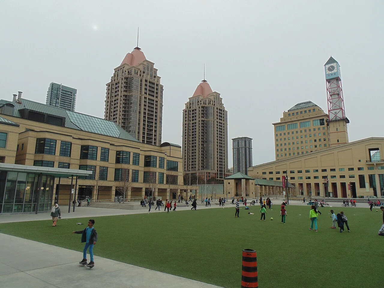 Mississauga Civic Centre and its clock tower beside Celebration Square.