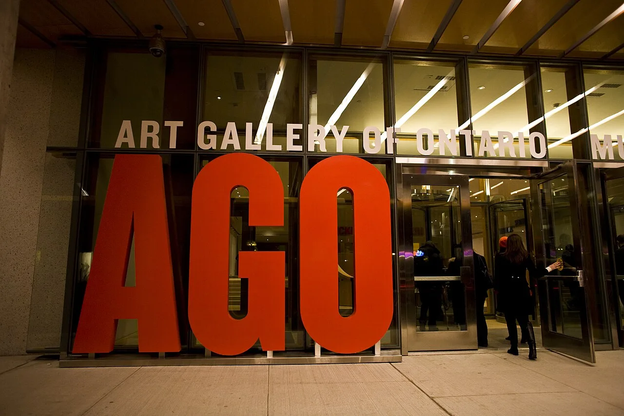 Illuminated Art Gallery of Ontario entrance on Dundas Street.