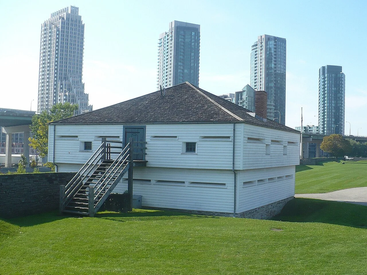 Fort York’s east blockhouse with condominium towers in the background.