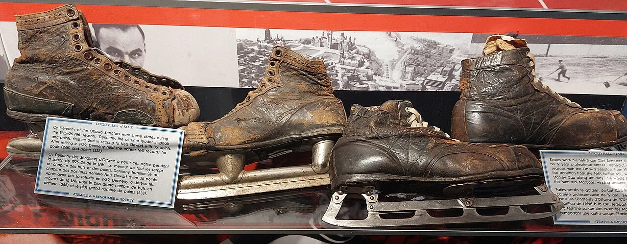 Early hockey skates displayed at the Hockey Hall of Fame.