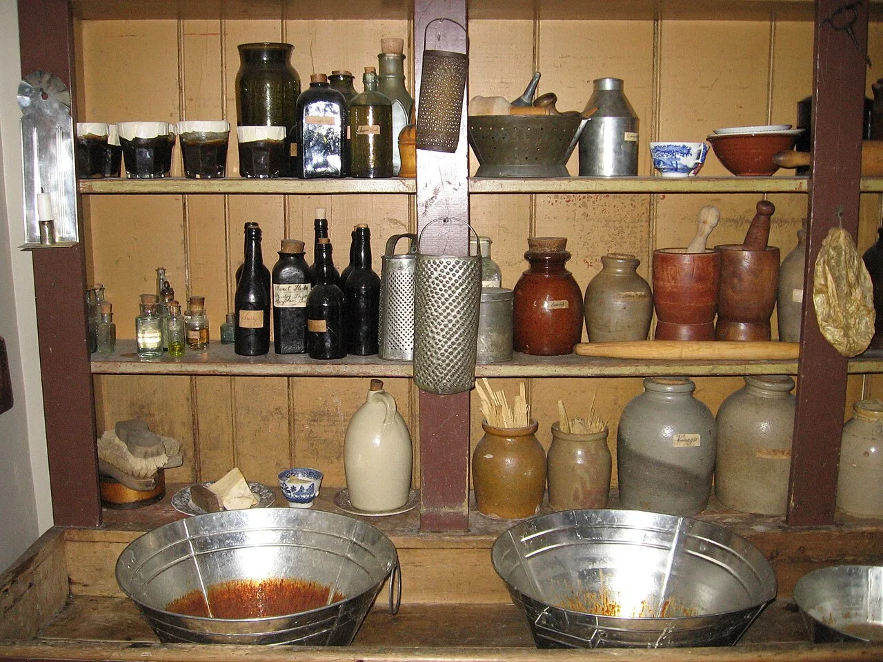 Shelves of utensils and containers in the pantry at Montgomery’s Inn.