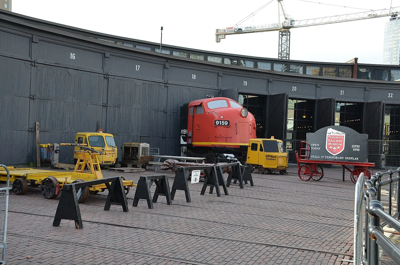 Toronto Railway Museum Stall 17 approach with locomotives and inspection trolleys.