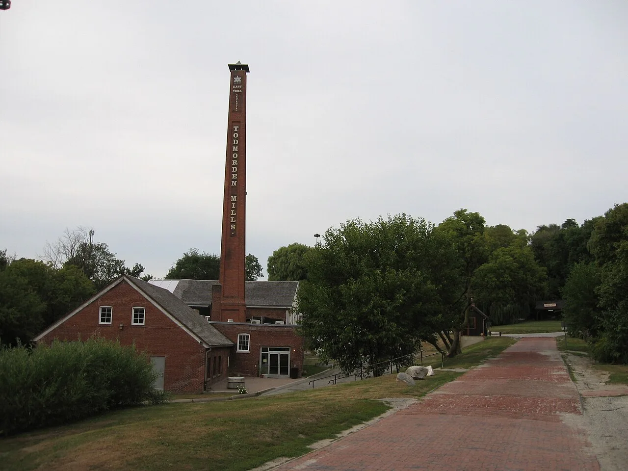 Brick paper mill and chimney at Todmorden Mills.