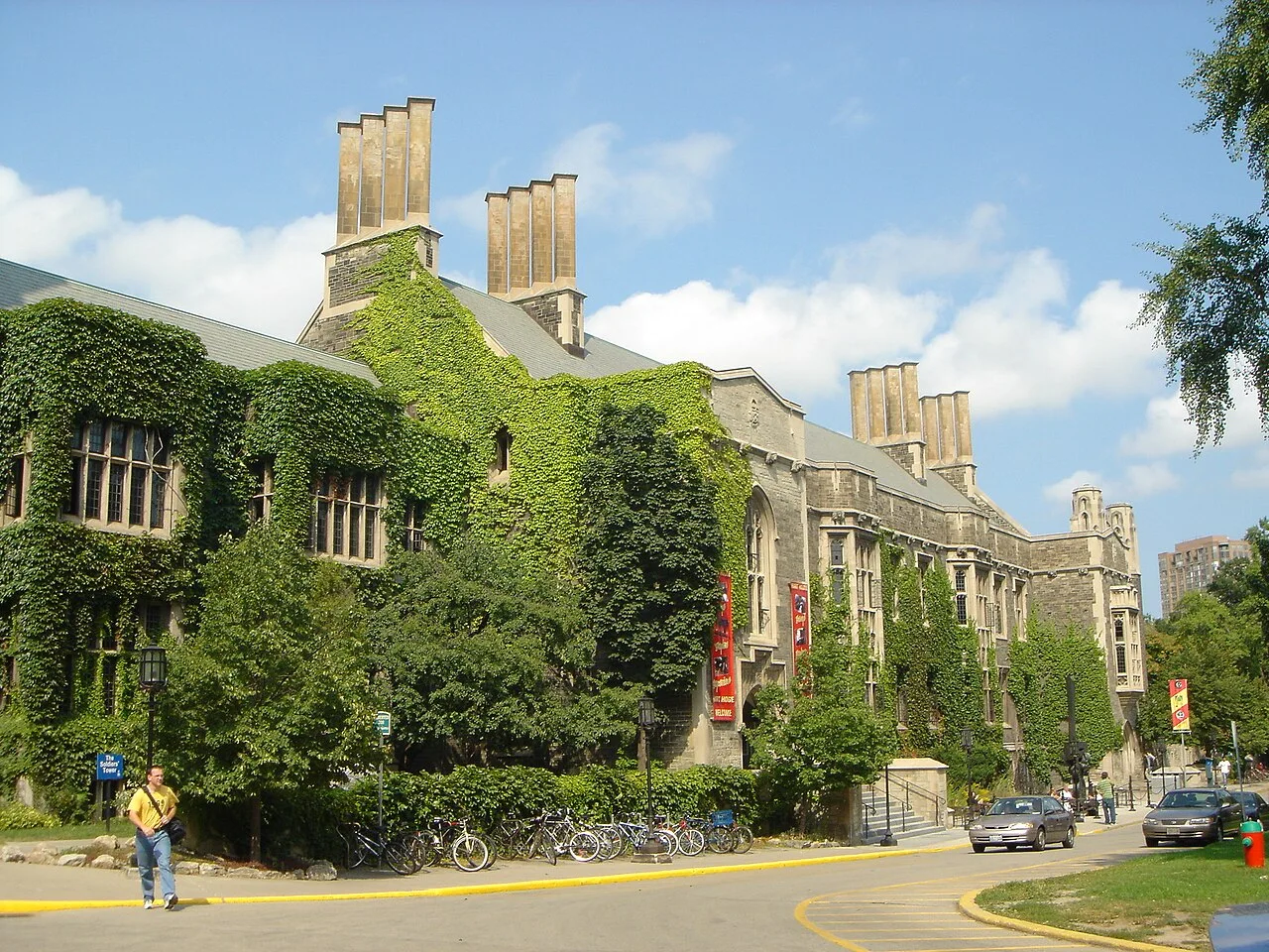 Hart House’s ivy-covered stone façade and chimneys at the University of Toronto.