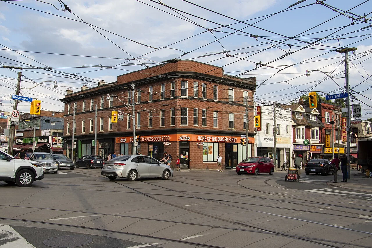 Broadview and Gerrard intersection with Chinese storefront signs