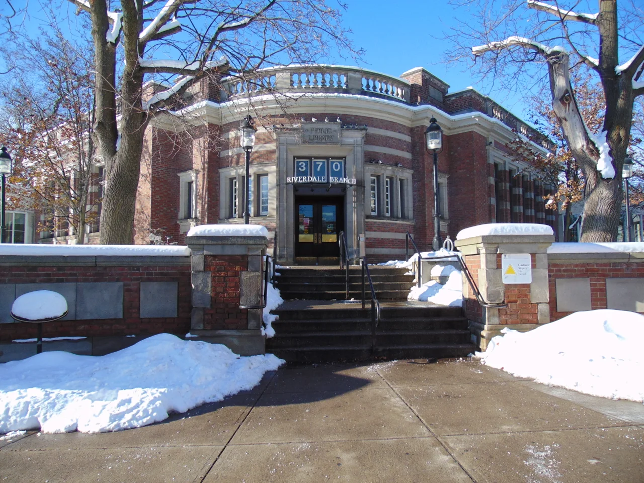 Riverdale library entrance at 370 Broadview Avenue in winter