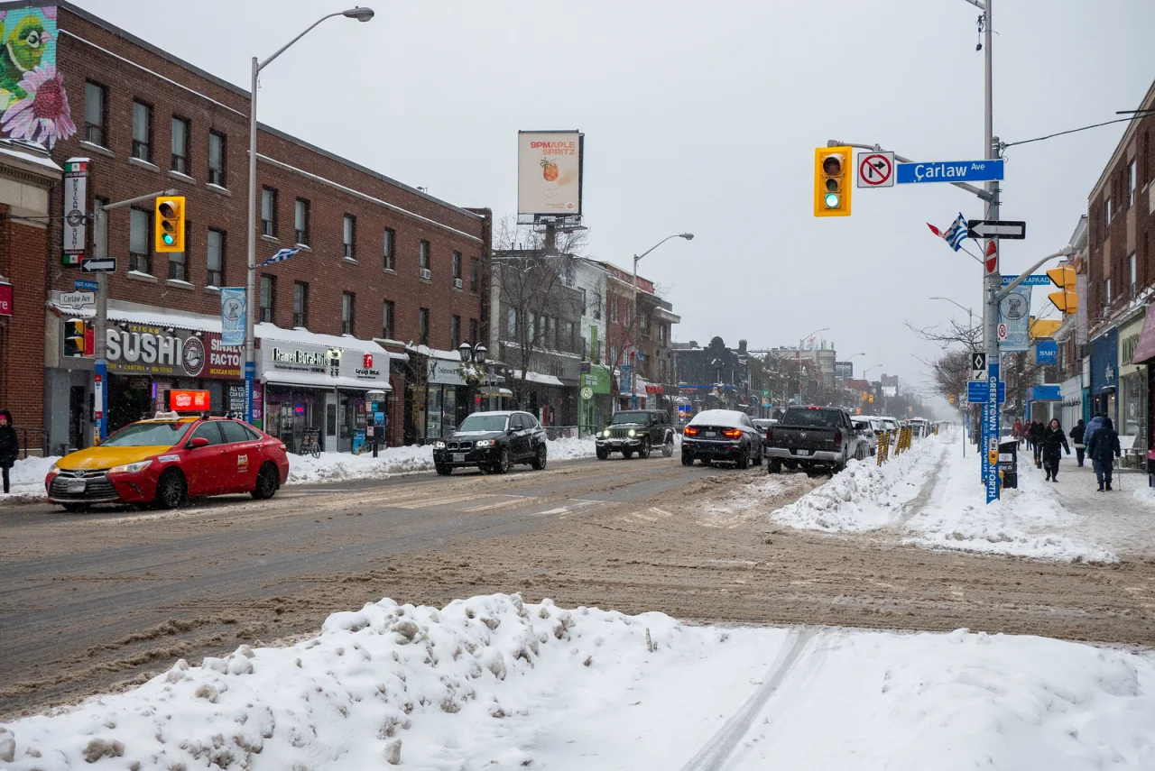 Danforth Avenue at Carlaw Avenue in Toronto Greektown in winter
