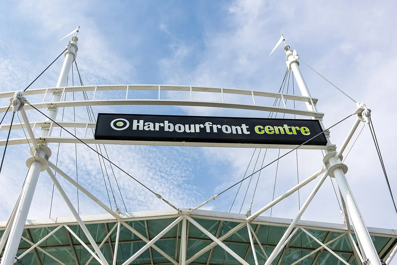 Harbourfront Centre sign suspended above its outdoor canopy