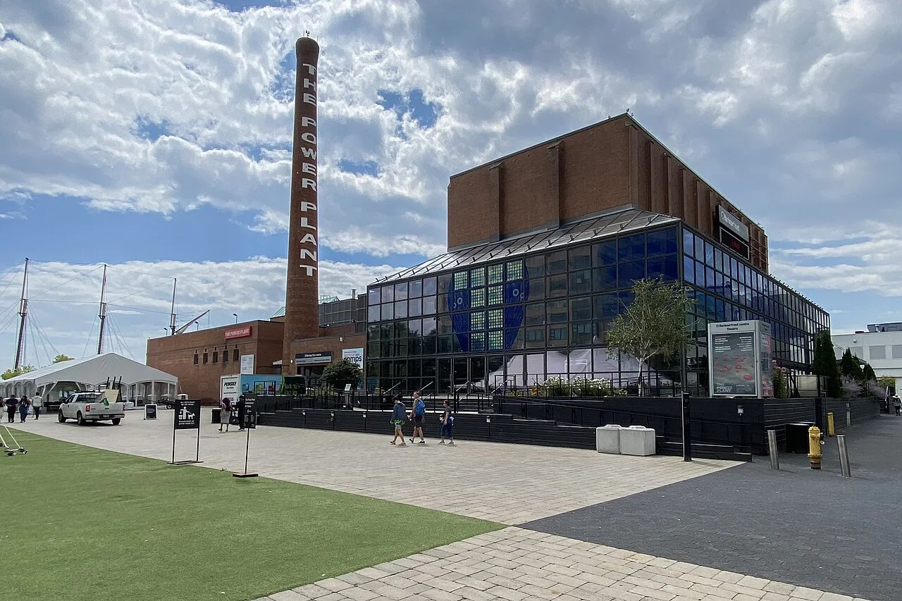 Power Plant chimney and Harbourfront Centre theatre building beside the waterfront