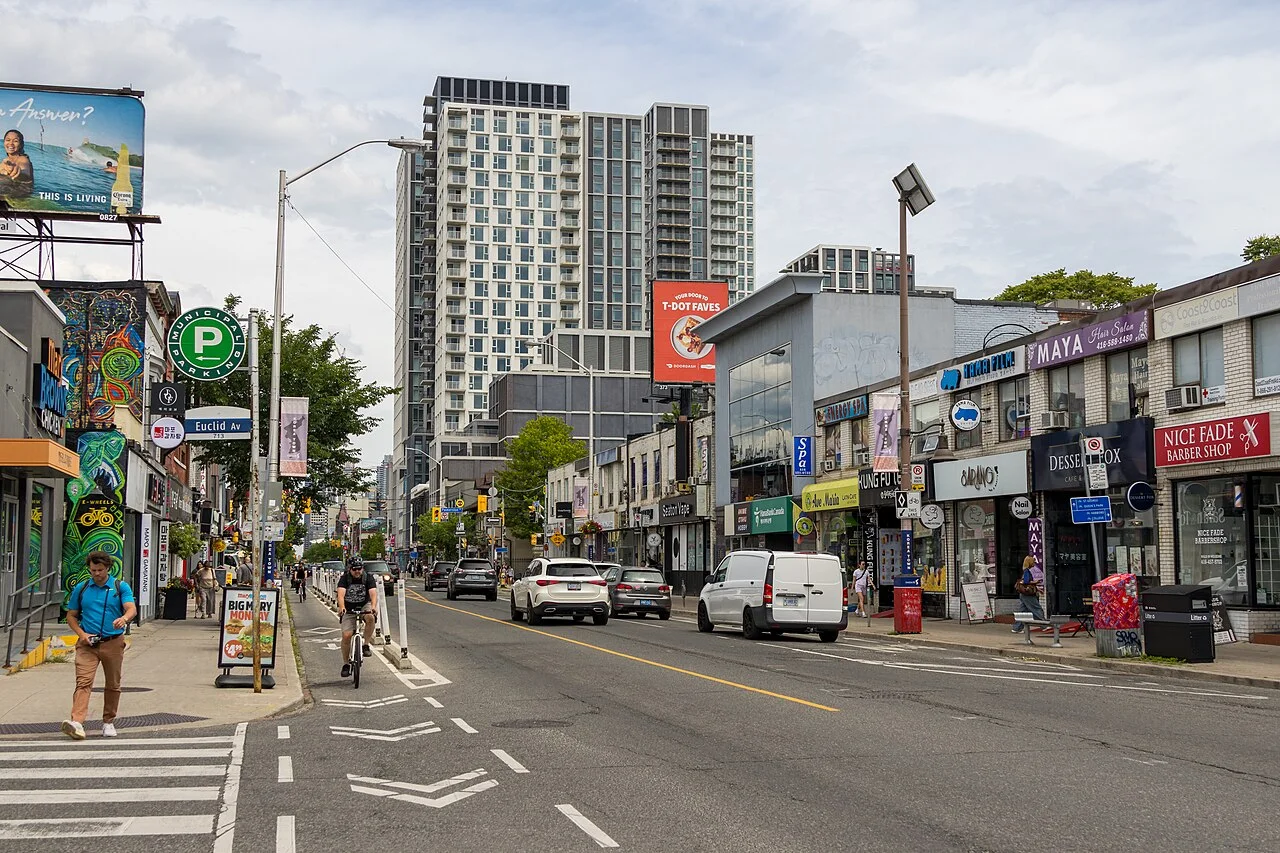 Bloor Street West shops and street crossing in Toronto Koreatown