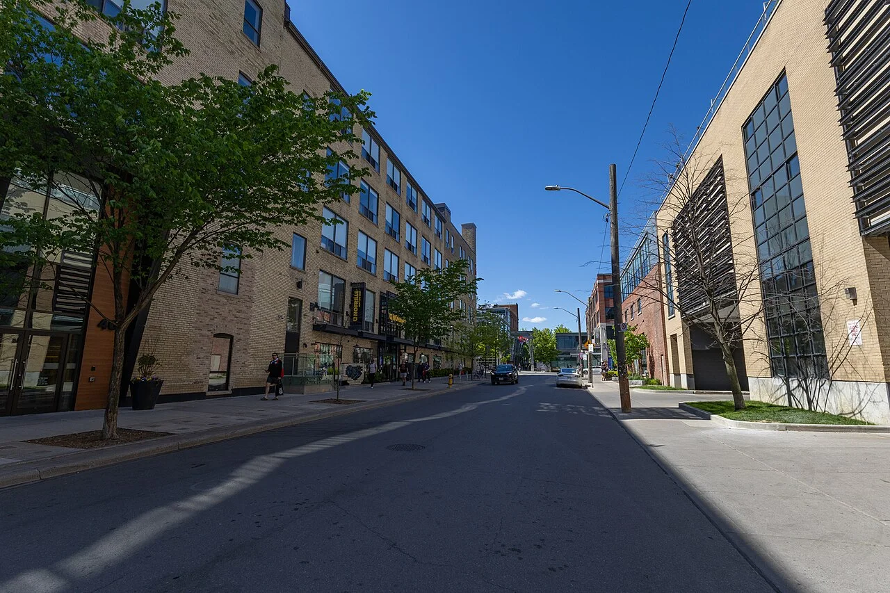 View north along Hanna Avenue in Toronto’s Liberty Village