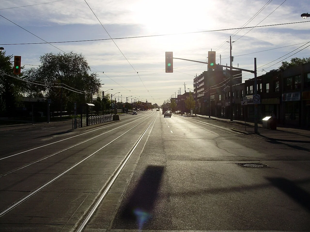 Streetcar rails and buildings along Lake Shore Boulevard in Long Branch