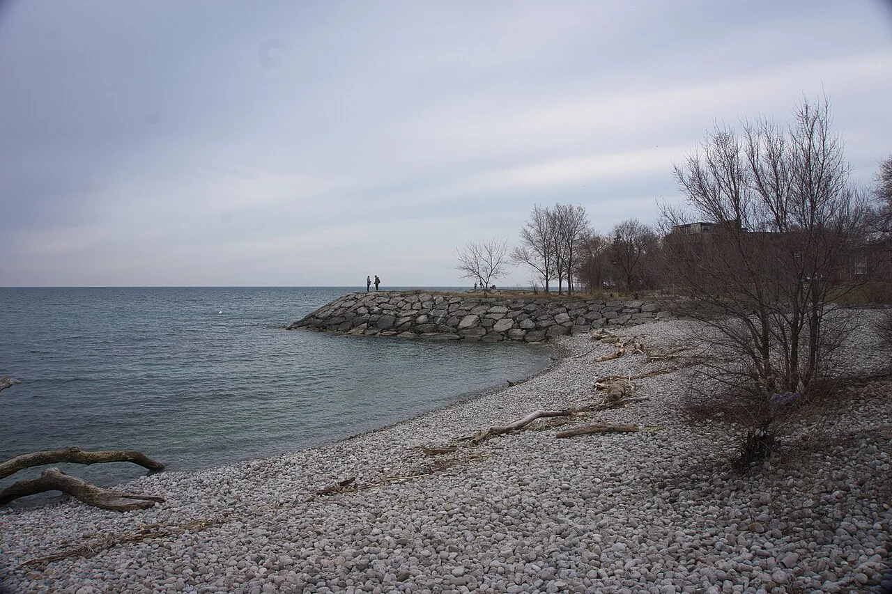 Rocky shoreline and a breakwater in Mimico Waterfront Park