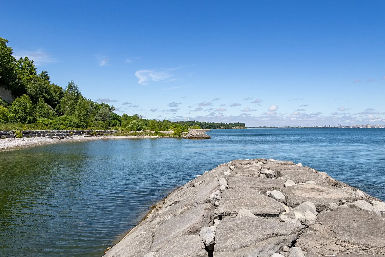 Lake Ontario and a rocky shoreline at Port Union Waterfront Park