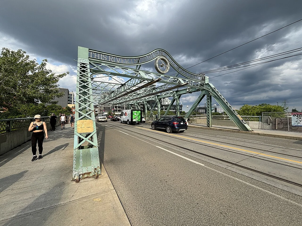 Queen Street bridge over the Don with its overhead public artwork