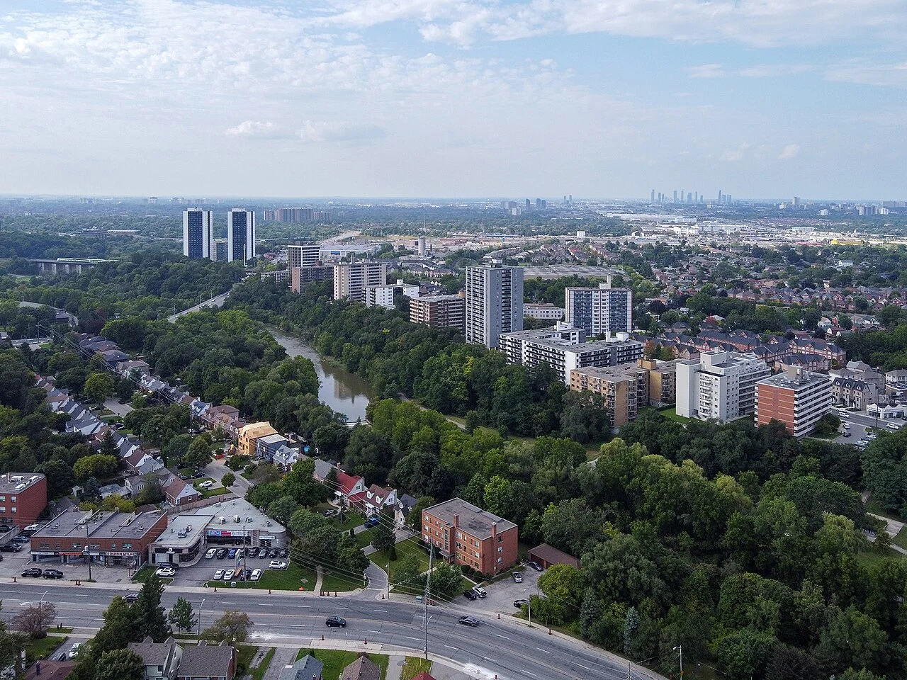 Elevated view of Weston and the Humber River with bridges and neighbourhood buildings
