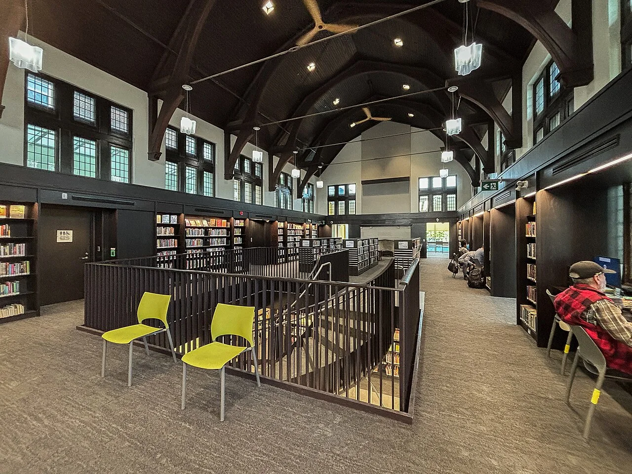 Wychwood Library interior with timber ceiling and bookshelves