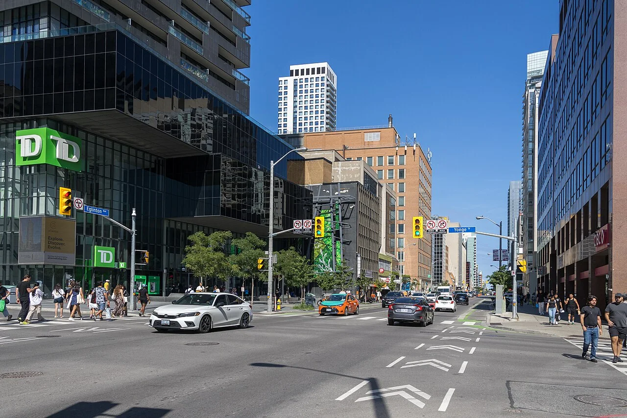 Looking east along Eglinton Avenue at the Yonge Street intersection