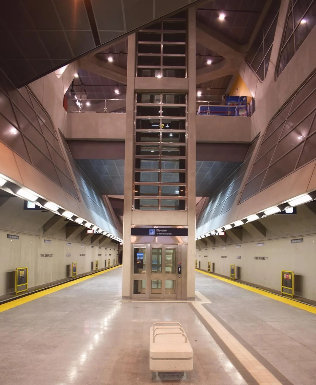 An elevator connecting a TTC subway platform to another station level.
