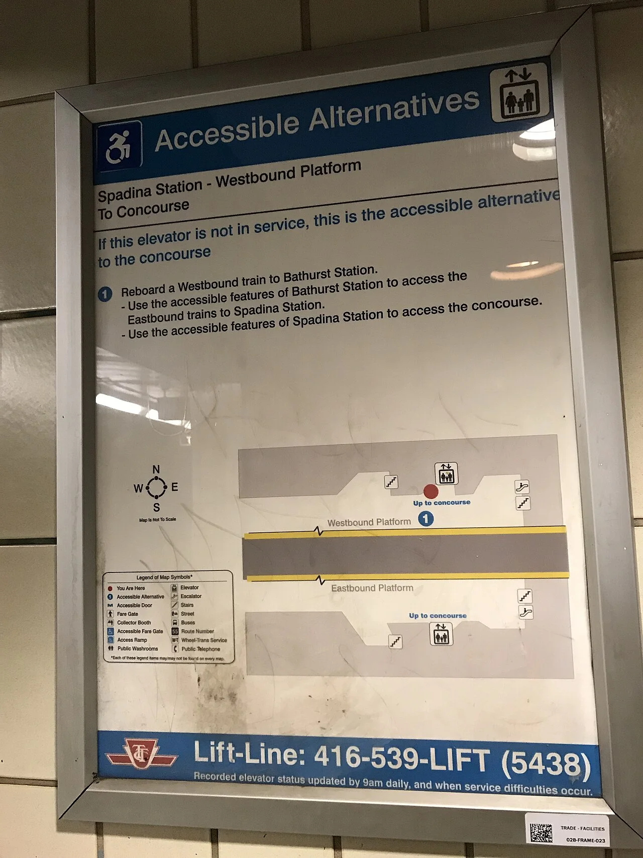 A TTC elevator outage notice posted inside Spadina station.