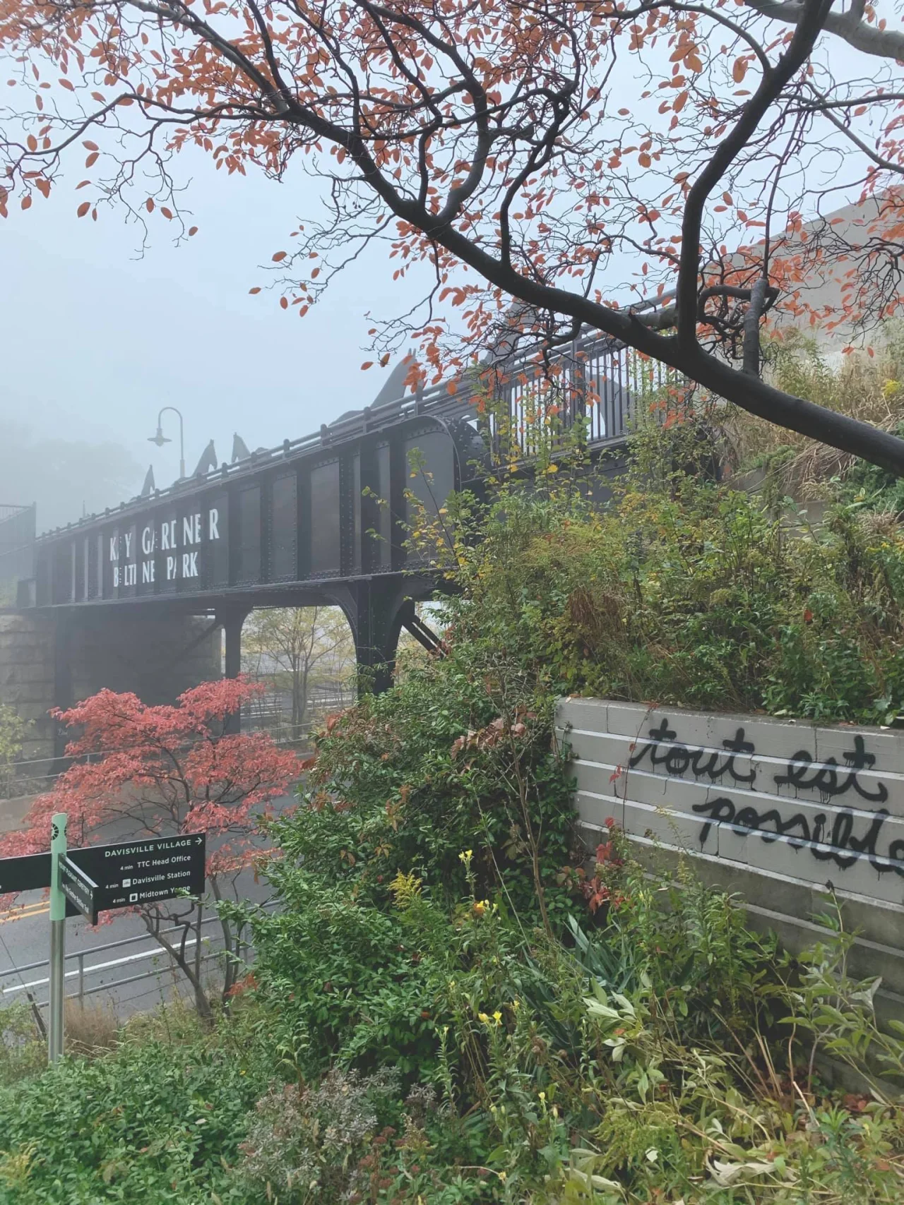 The Beltline bridge and signed walking connection beside Yonge Street in autumn.