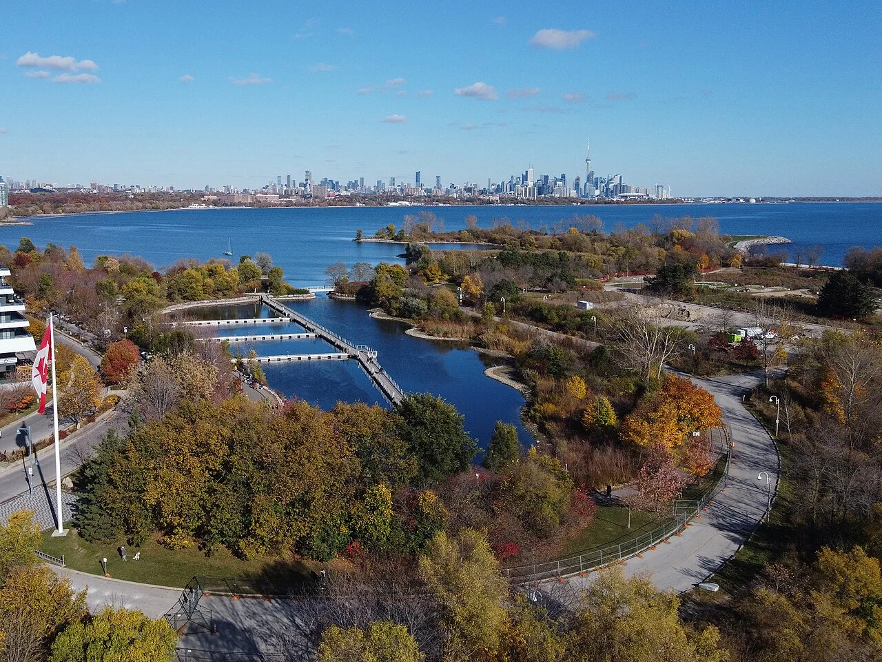 Humber Bay Park East’s pond and shoreline, with the Toronto skyline beyond.
