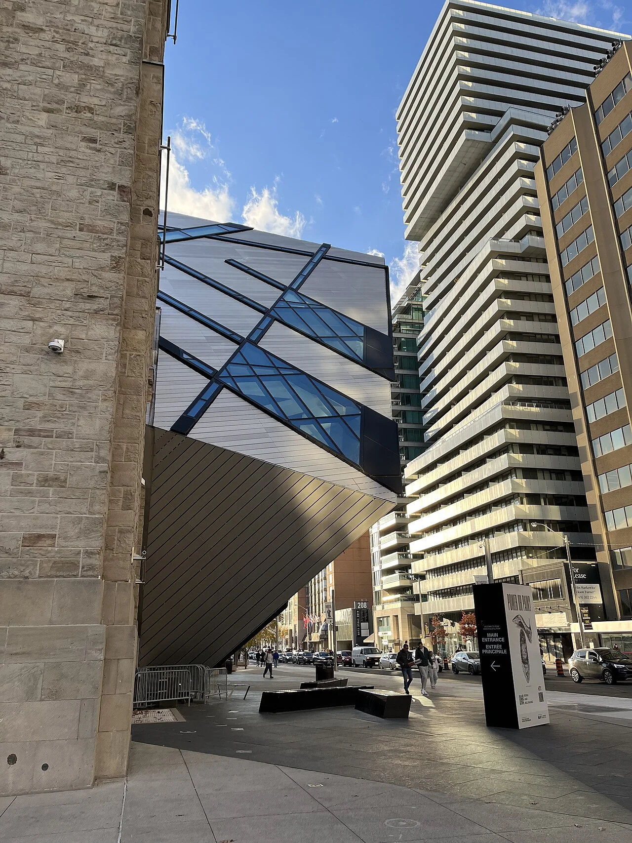 Angular glass exterior of the Royal Ontario Museum on Bloor Street.