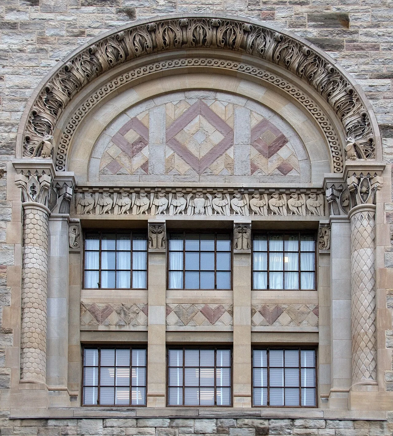 A carved stone window on the Royal Ontario Museum’s older exterior.