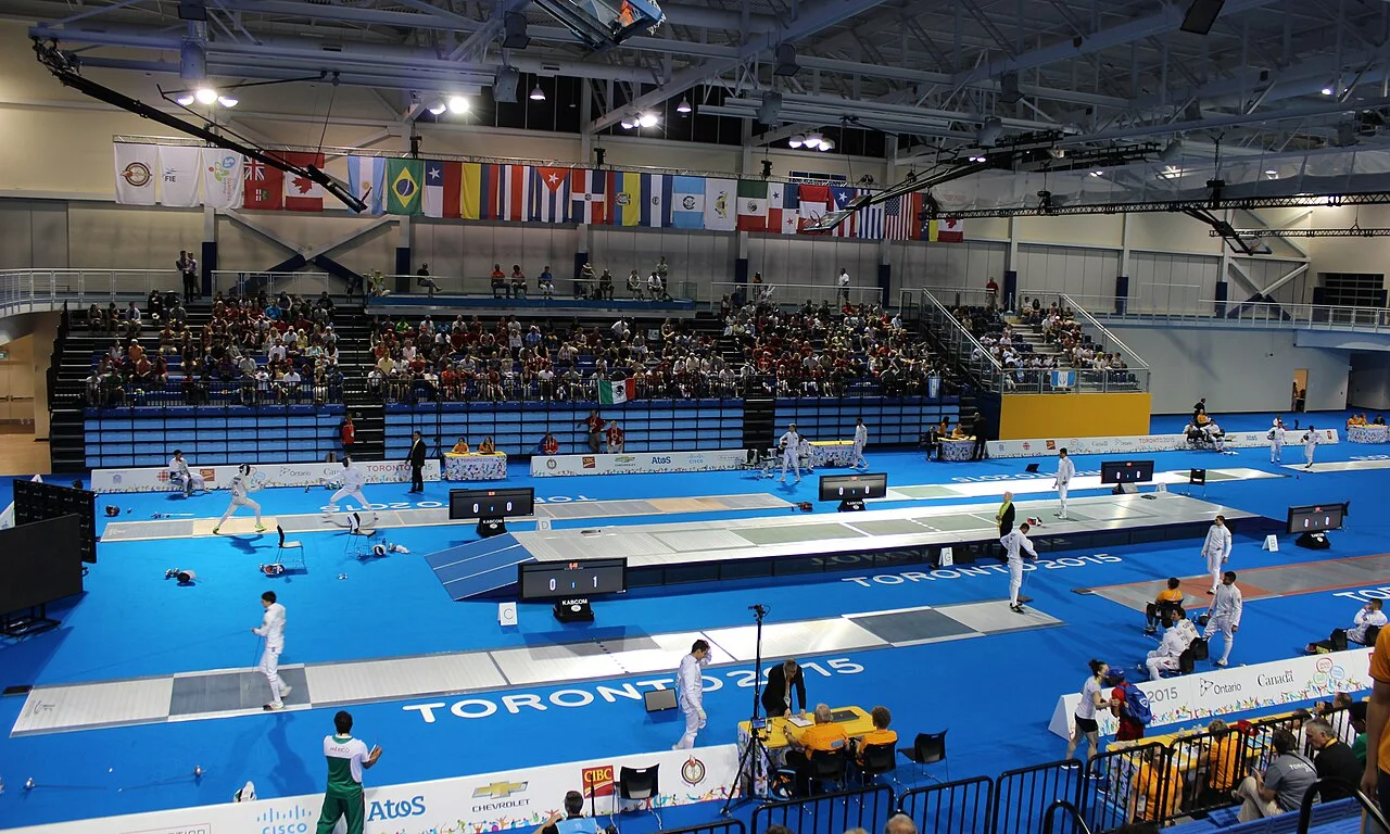 Fencing competition arranged inside Toronto Pan Am Sports Centre’s field house.