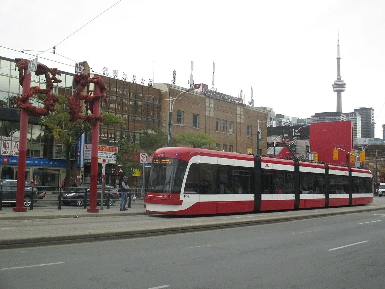 A TTC Flexity streetcar operating on Spadina Avenue.