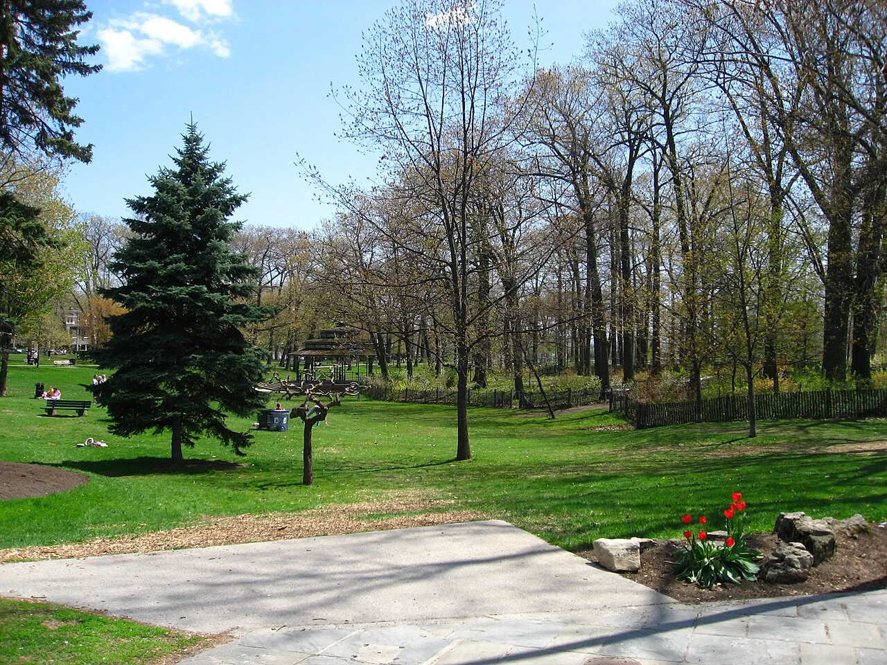 Trees and garden paths at Kew Gardens in Toronto.