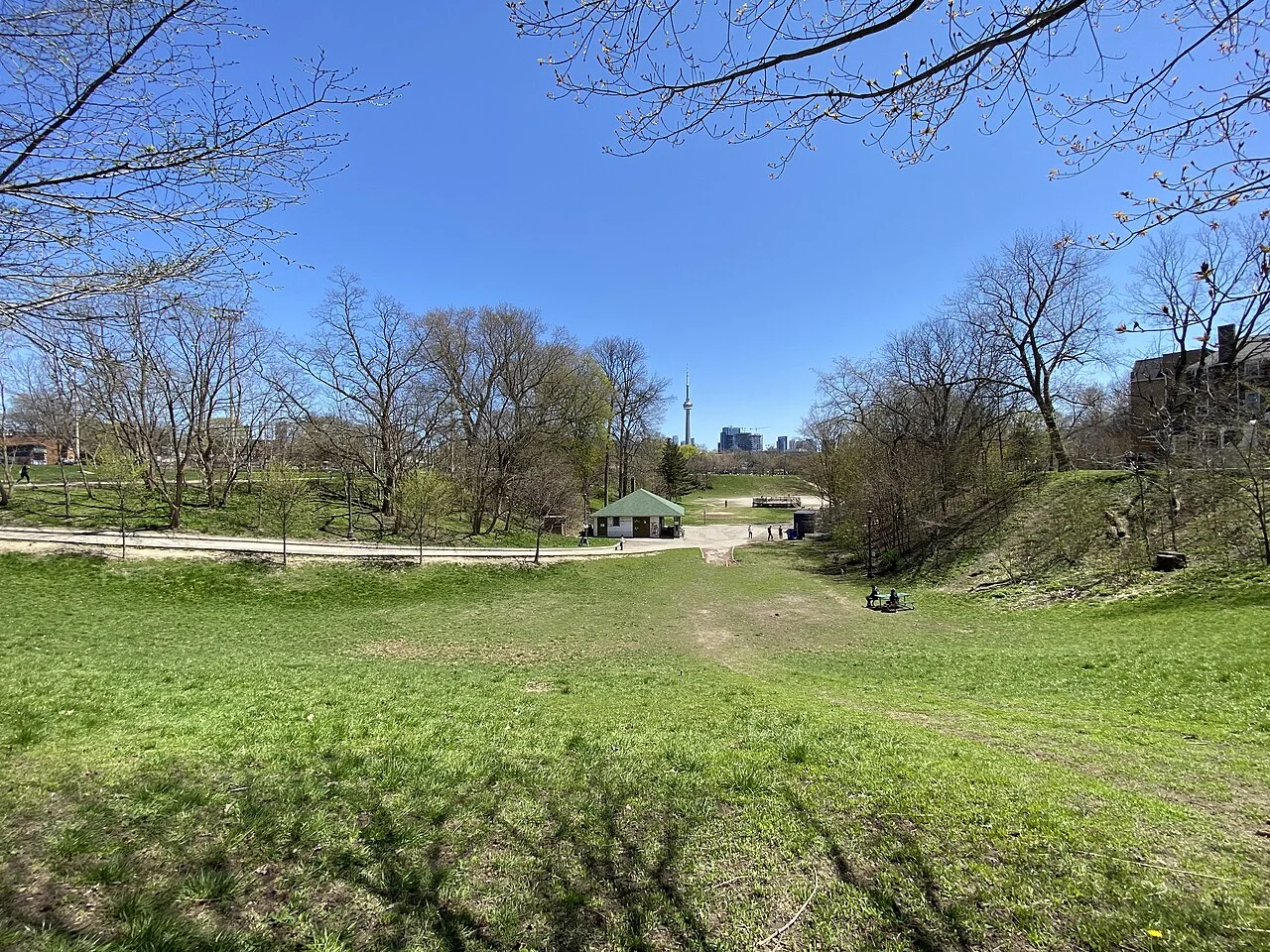 The bowl-shaped green landscape of Trinity Bellwoods Park, with the CN Tower in the distance.