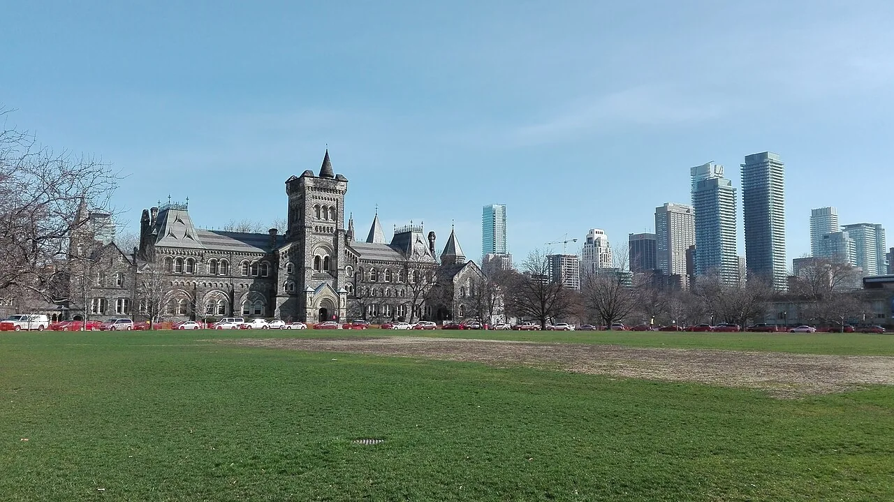 University College and its central tower across the lawn at the University of Toronto.