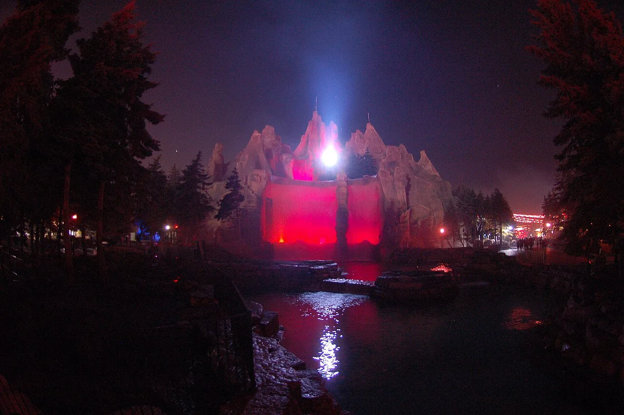 Wonder Mountain illuminated during Halloween Haunt.