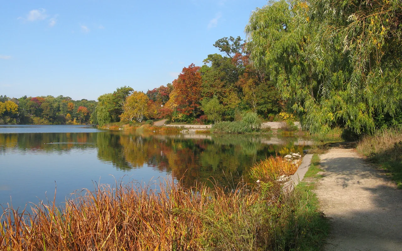 Autumn trees reflected in Grenadier Pond beside a shoreline path in Toronto’s High Park.