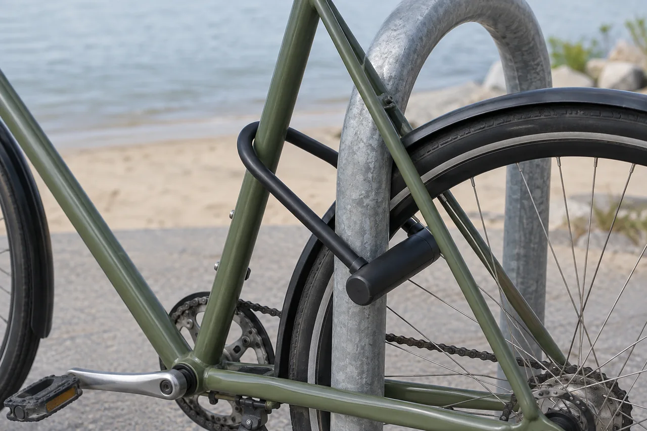 A city bicycle secured to a steel rack with a U-lock beside a sandy shoreline.