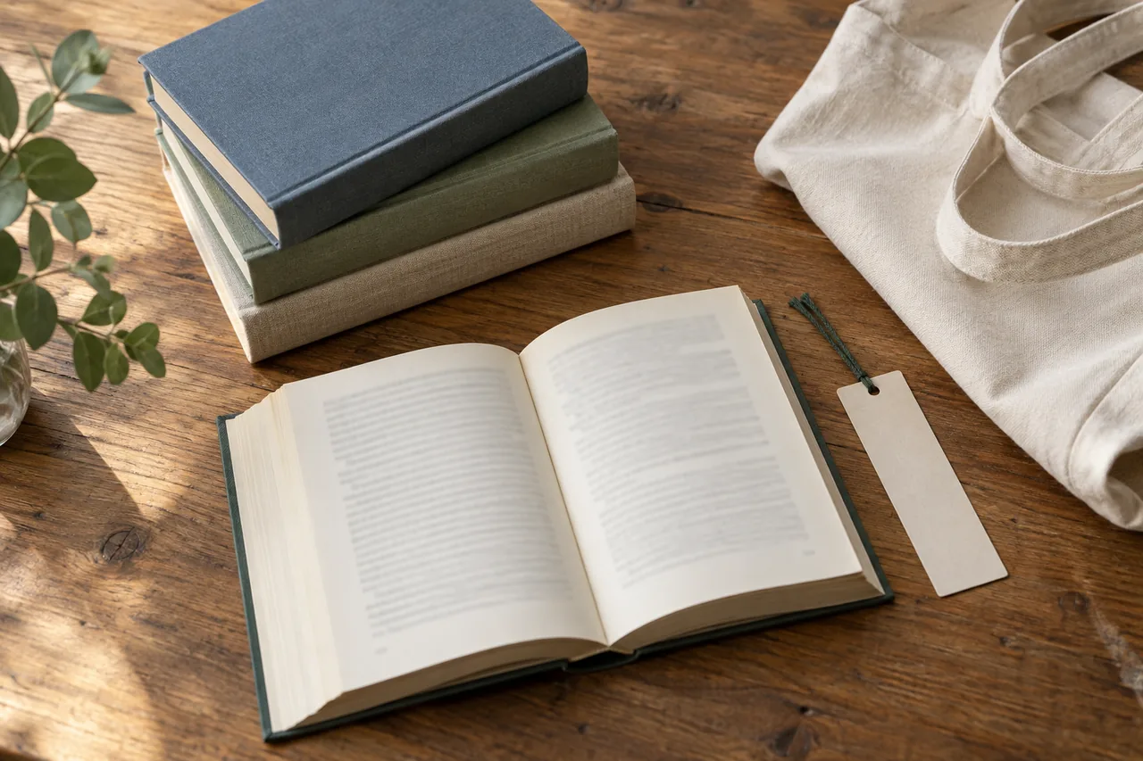 A small selection of books, a bookmark and a canvas tote on a wooden table.