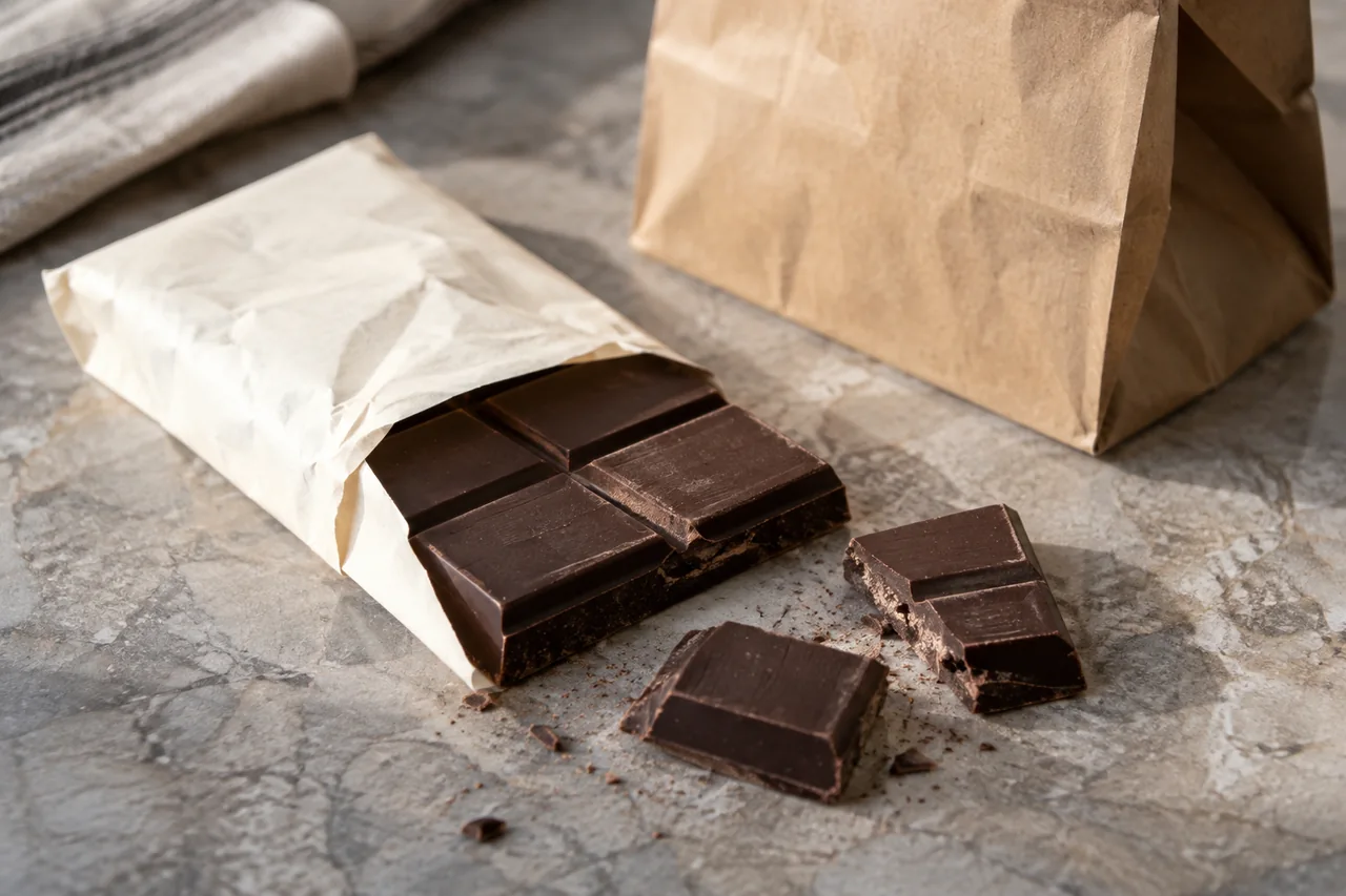 A small dark chocolate bar partly unwrapped from plain paper, with two broken pieces beside it.