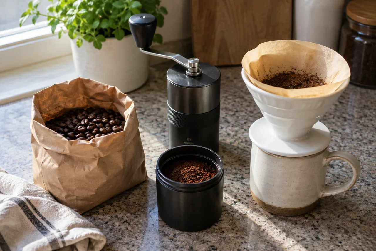 Whole coffee beans, a manual grinder and a paper-filter dripper on a kitchen counter.