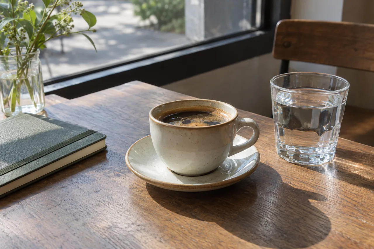 A single coffee, a glass of water and a closed notebook beside a sunlit window.