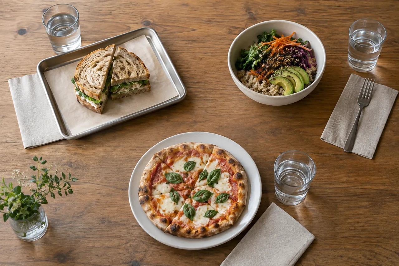 Three separate lunch orders arranged at individual places on a shared table.