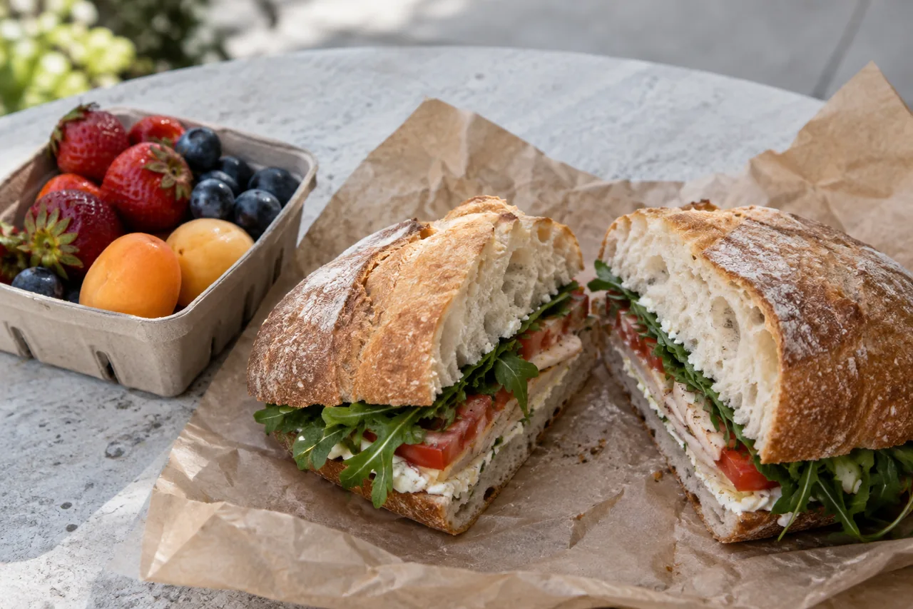 A sandwich cut into two halves beside a small portion of fresh fruit on a pale table.