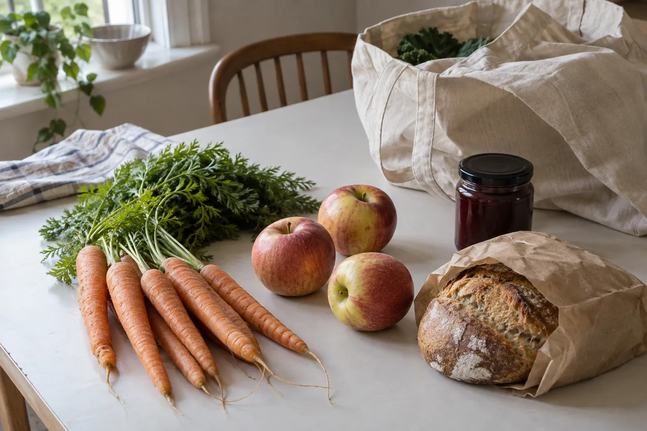 Carrots, apples, a wrapped loaf and a small jar beside a reusable shopping bag.