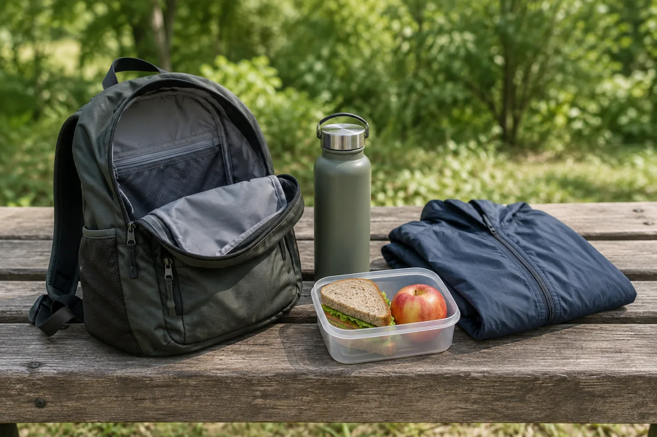 A compact daypack, water bottle, light jacket and a small packed lunch on a bench.