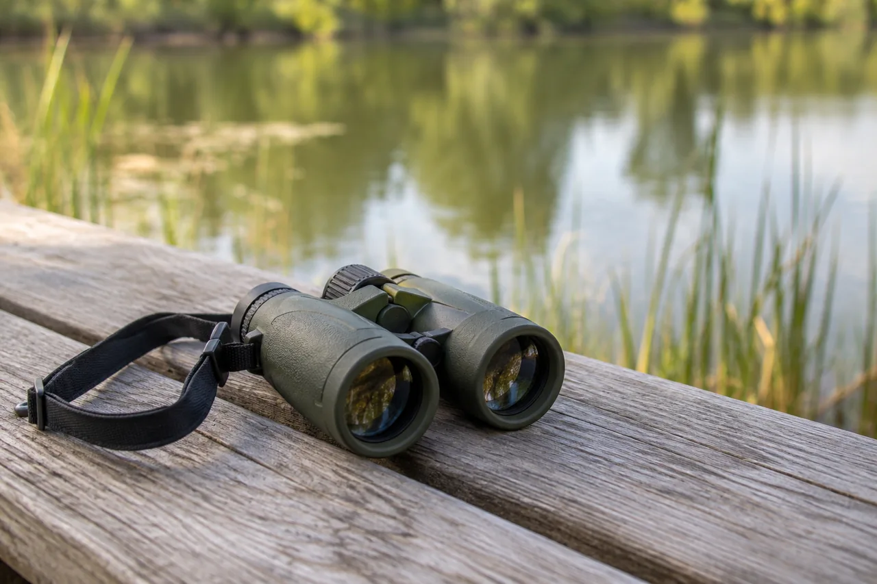 Compact binoculars on a wooden bench with reeds and pond water softly out of focus behind them.
